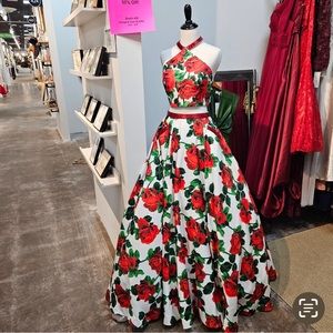 Ladies beautiful two piece red roses and white background Sherri Hill dress